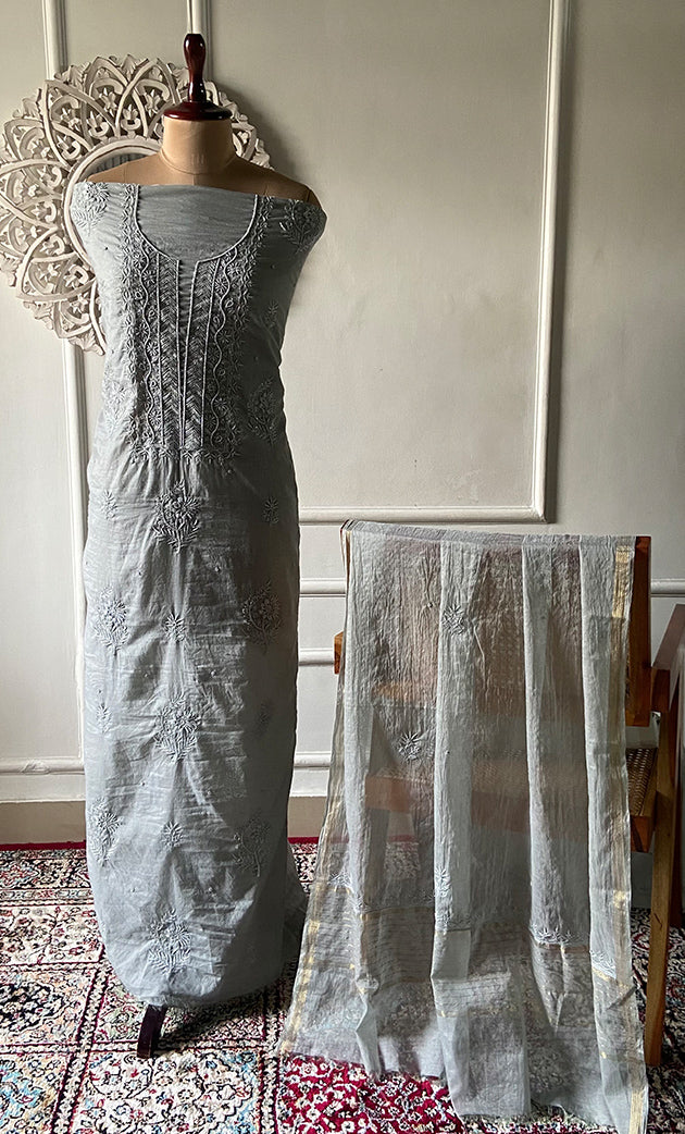 Women's Lakhnavi Handcrafted Mul Chanderi Unstitched Chikankari Full Suit Material - HONC0328320