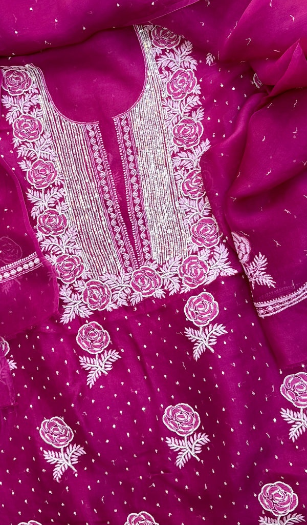 Rose Women's Lakhnavi Handcrafted Pure Organza Chikankari Unstitched Kurta And Dupatta Set- HONC0229938