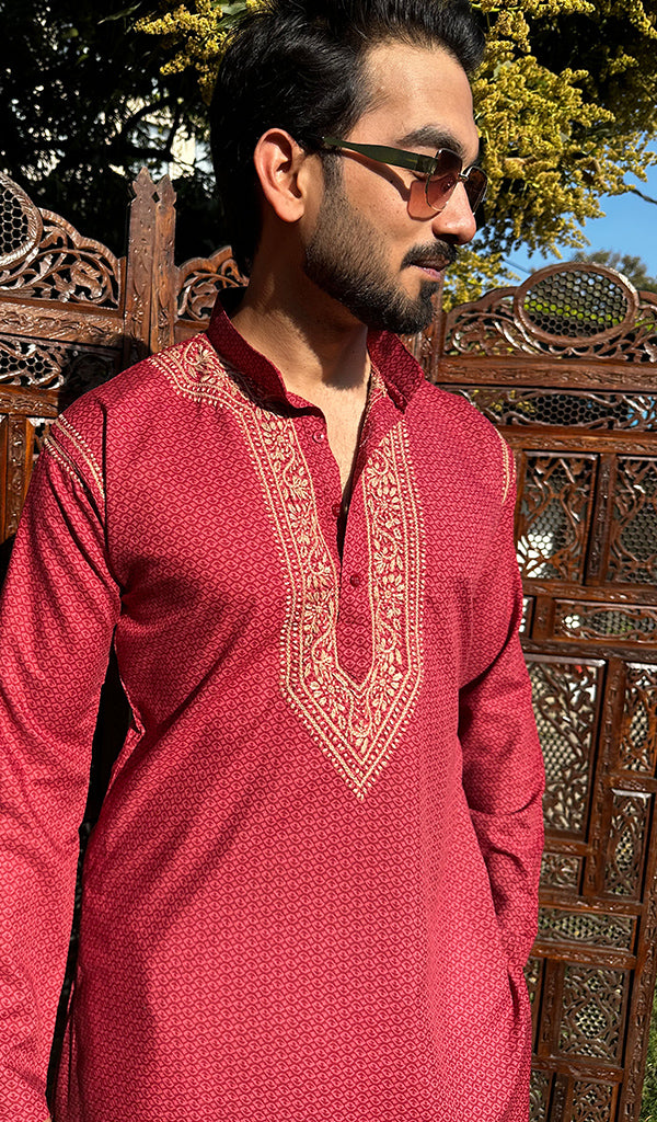 Men's Lucknowi Handcrafted Cotton Chikankari Kurta - HONC0237353