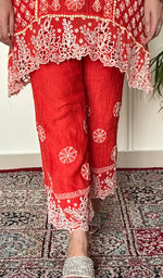 Women's Lucknowi Handcrafted Mul Chanderi Stitched Chikankari Short Kurta And Plazzo Set .