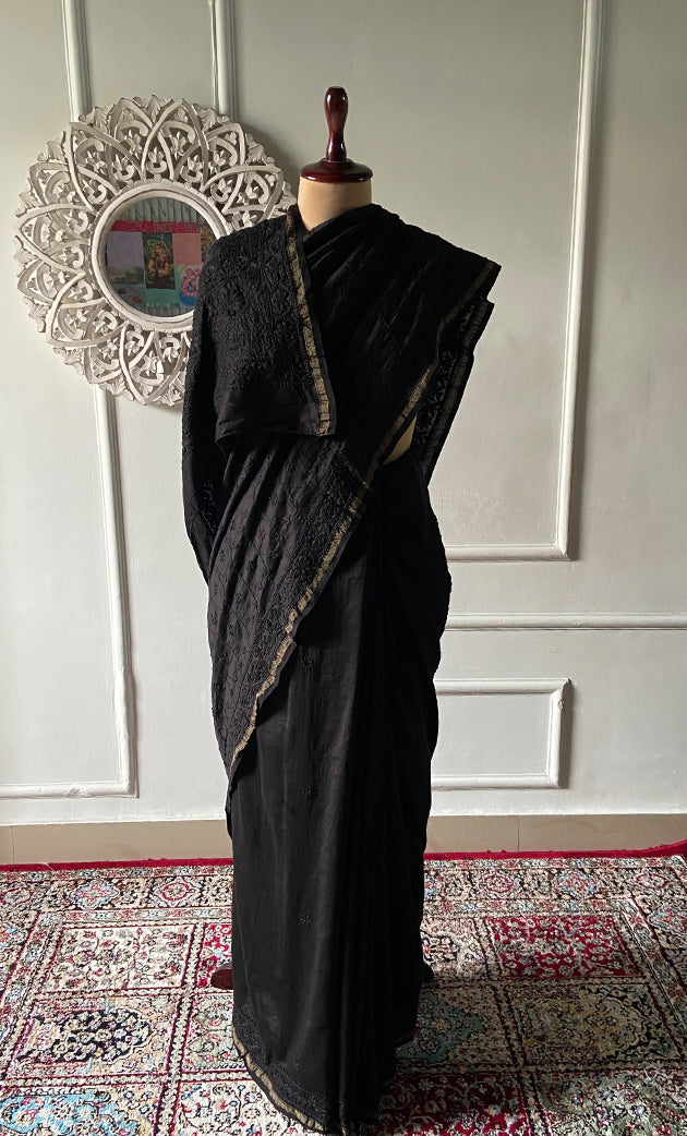 Women's Lakhnavi Handcrafted Chanderi Silk Chikankari Saree - HONC0340413