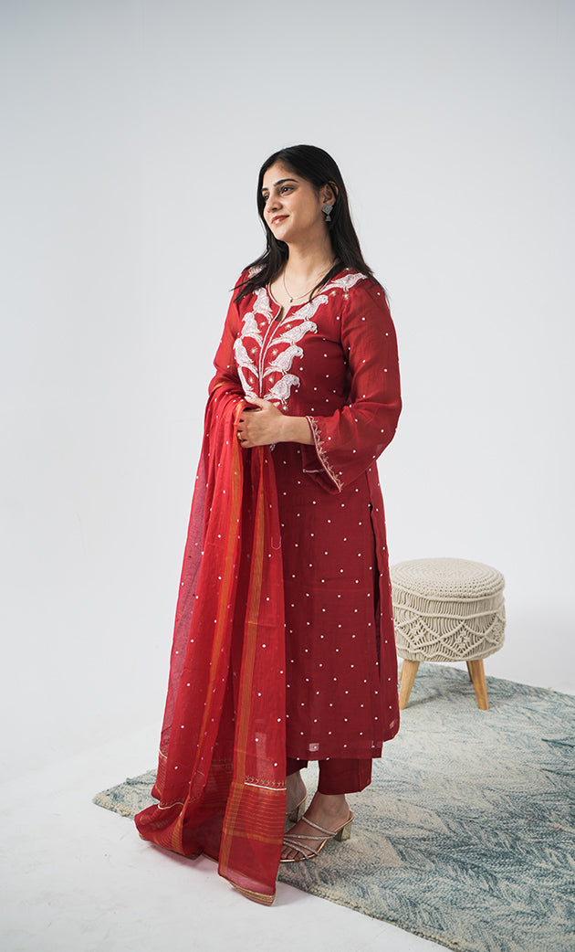 Chidiya Women's Lakhnavi Handcrafted Mul Chanderi Chikankari Stitched Kurta, Dupatta And Pant Set - HONC0320723