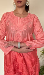 Anika Women's Lucknowi Handcrafted Chanderi Silk Chikankari Top with Farshi Salwar Set .