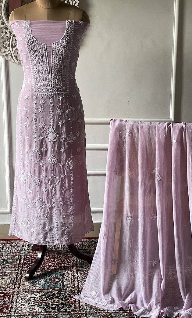 Women's Lakhnavi Handcrafted Unstitched Mul Chanderi Kurta And Dupatta Set - HONC0329033