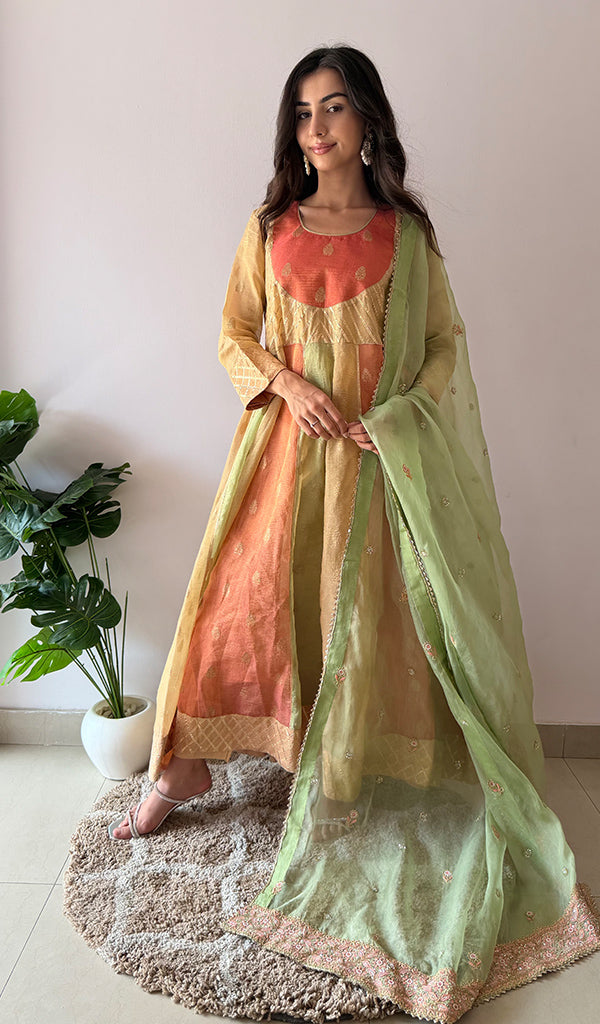 Women's Lakhnavi Handcrafted Tissue Chanderi Silk  Chikankari Stitched Anarkali , Dupatta And Pant Set - HONC0336837