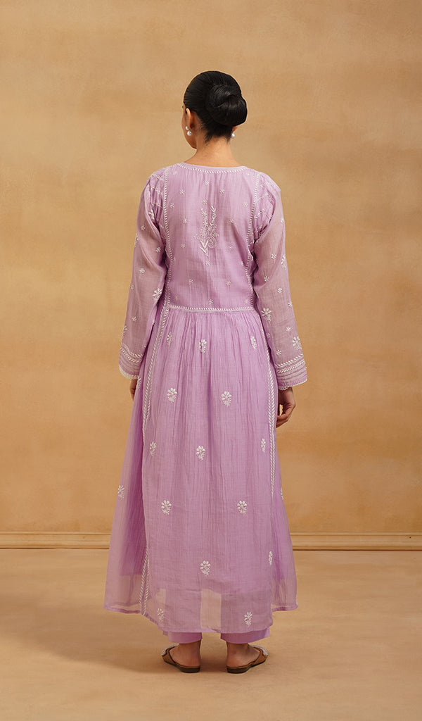 Women's Lakhnavi Handcrafted Mul Chanderi Chikankari Stitched Kurta, Dupatta And Pant Set - HONC0565464