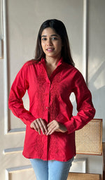 Load image into Gallery viewer, Women&#39;s Lucknowi Handcrafted Slub Cotton Chikankari Top - HONC0299100
