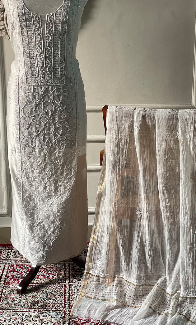 Women's Lakhnavi Handcrafted Chanderi Silk Unstitched Kurta And Dupatta Set - HONC0327486