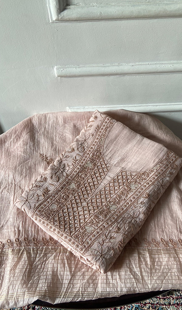 Women's Lakhnavi Handcrafted Mul Chanderi Unstitched Chikankari Full Suit - HONC0334730