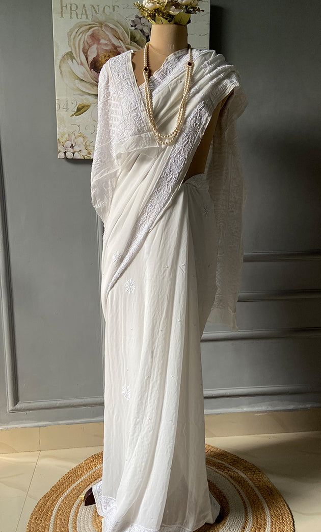 Women's Lakhnavi Handcrafted Viscose Georgette Chikankari Saree - HONC0296062