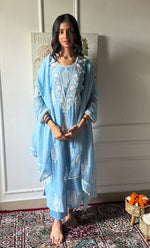 Load image into Gallery viewer, Women&#39;s Lakhnavi Handcrafted Mul Chanderi Chikankari Stitched Kurta, Dupatta And Pant Set - HONC0317786

