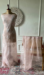 将图像加载到图库查看器中， Women's Lakhnavi Handcrafted Pure Organza Chikankari Unstitched Kurta And Dupatta Set - HONC0361462