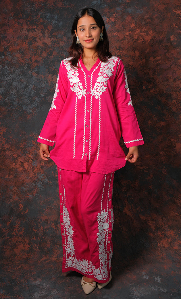 khayal Women's Lakhnavi Handcrafted Cotton Chikankari Kurti And Plazzo Set - HONC0323907