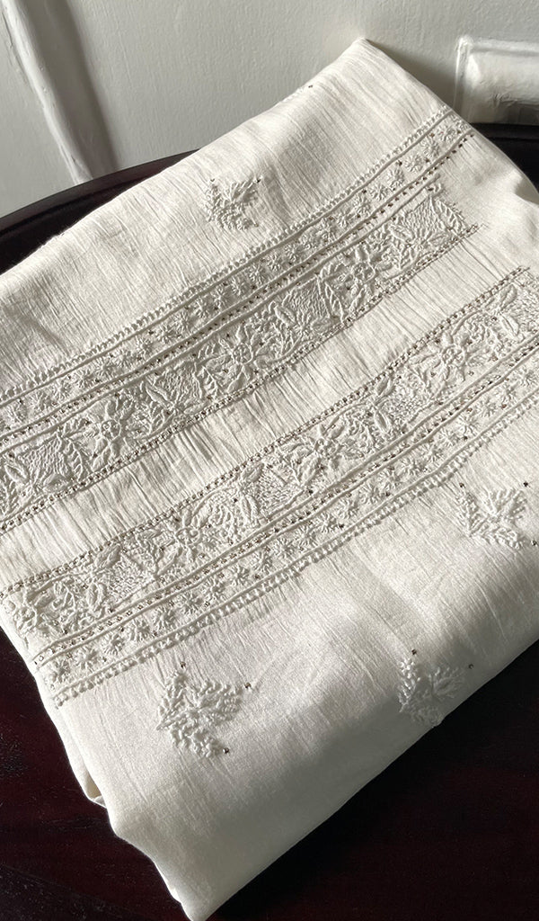 Women's Lucknowi Handcrafted Chanderi Silk Unstitched Chikankari Kurta and Dupatta Set- HONC0276219