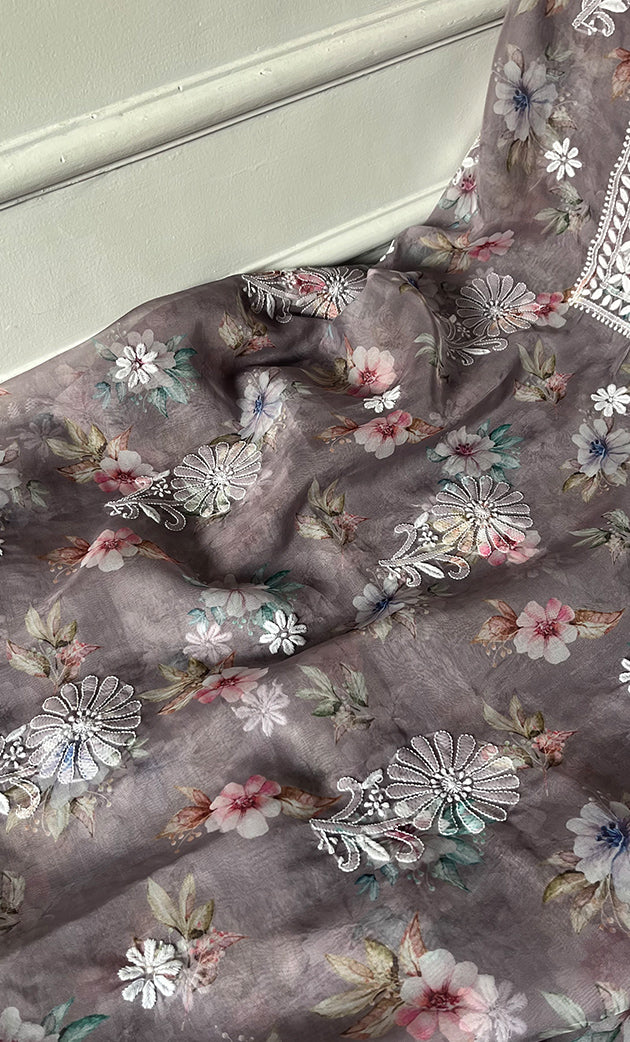 Disha Women's Lakhnavi Handcrafted Organza Chikankari Unstitched Kurti Fabric - HONC0332145