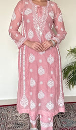 Ira Women's Lucknowi Handcrafted Mul Chanderi Stitched Chikankari Kurta And Plazzo Set .