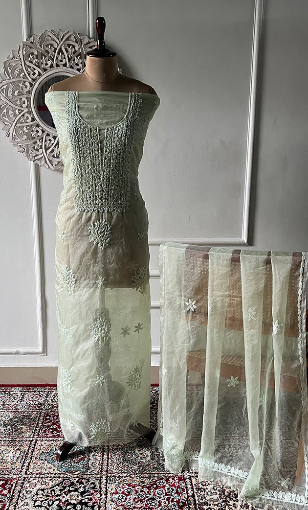 Women's Lakhnavi Handcrafted Organza Chikankari Unstitched Full Suit Material - HONC0258373