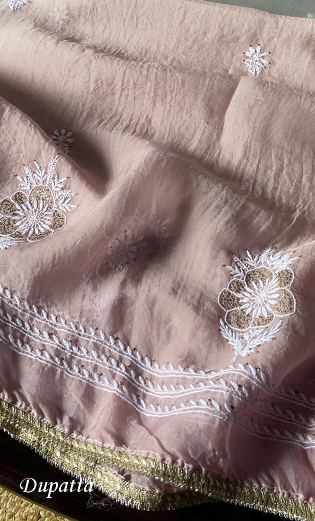 Women's Lakhnavi Handcrafted Pure Organza Chikankari Semi - stitched Kurta And Dupatta Set- HONC0288872