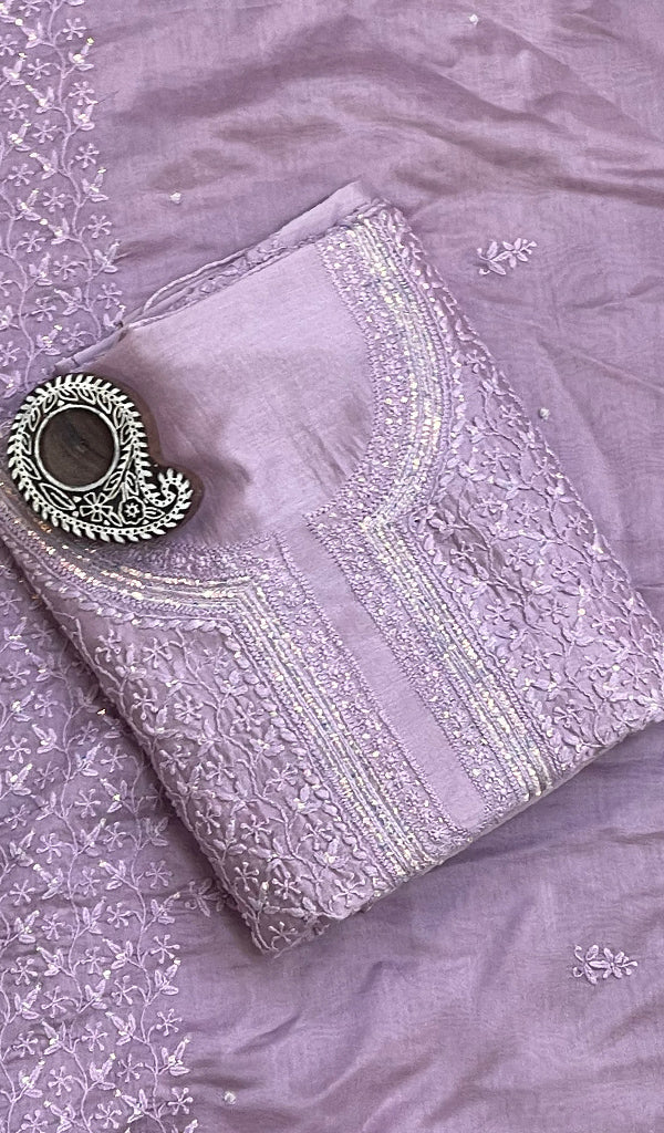 Women's Lakhnavi Handcrafted Chanderi Silk Chikankari Kurta Dupatta Set - HONC047876
