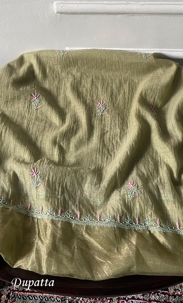 Women's Lakhnavi Handcrafted Mul Chanderi Unstitched Chikankari Full Suit Material - HONC0316855