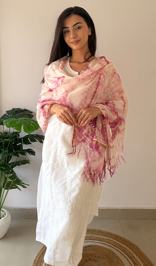 Women's Lakhnavi Handcrafted Mul Chanderi Chikankari Dupatta - HONC0320020