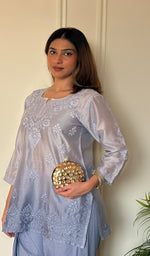 Anika Women's Lucknowi Handcrafted Chanderi Silk Chikankari Top with Farshi Salwar Set .