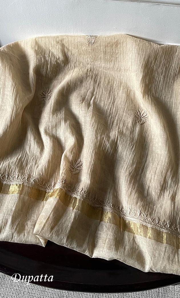 Women's Lakhnavi Handcrafted Mul Chanderi Unstitched Chikankari Full Suit Material - HONC0319529