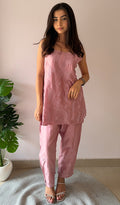Amreena Women's Lakhnavi Handcrafted Chanderi Silk Chikankari Top And Pant Set - HONC0373522