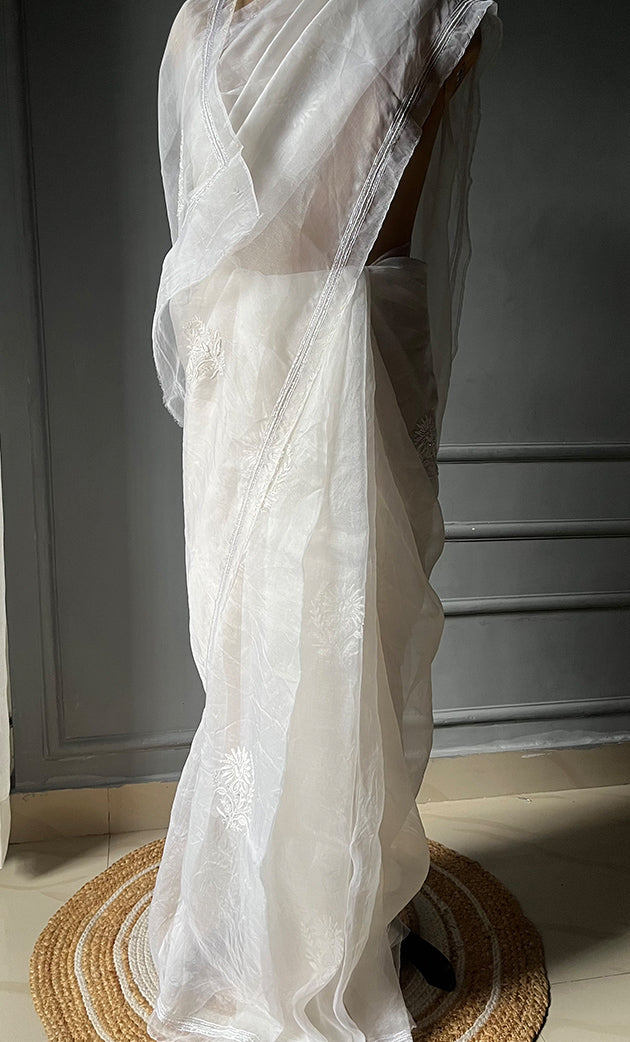 Women's Lucknowi Handcrafted Pure Organza Silk Chikankari Saree - HONC0295371
