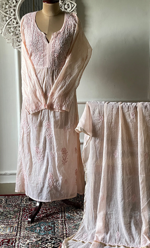 Women's Lakhnavi Handcrafted Mul Chanderi Semi - stitched Chikankari Full Suit Material - HONC0319557