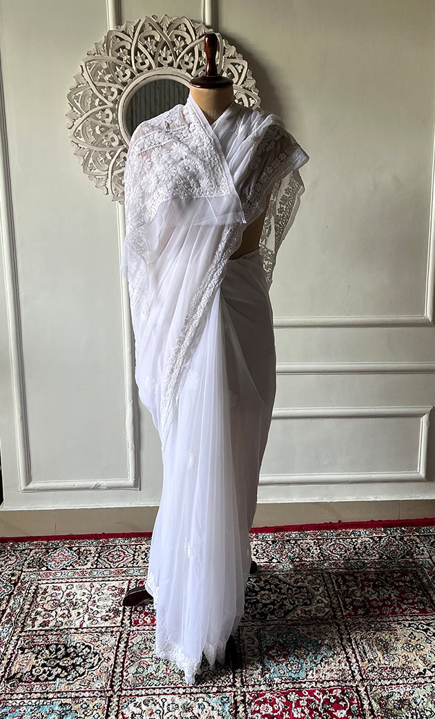 Women's Lucknowi Handcrafted  Faux-Georgette Chikankari Saree - HONC0228974