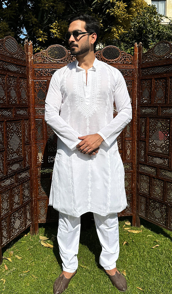 Men's Lucknowi Handcrafted Cotton Chikankari Kurta - HONC0323752