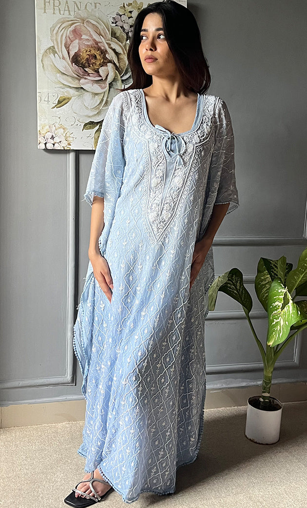 Rabia Women's Lucknowi Handcrafted Mul chanderi Chikankari Kaftan - HONC0305550