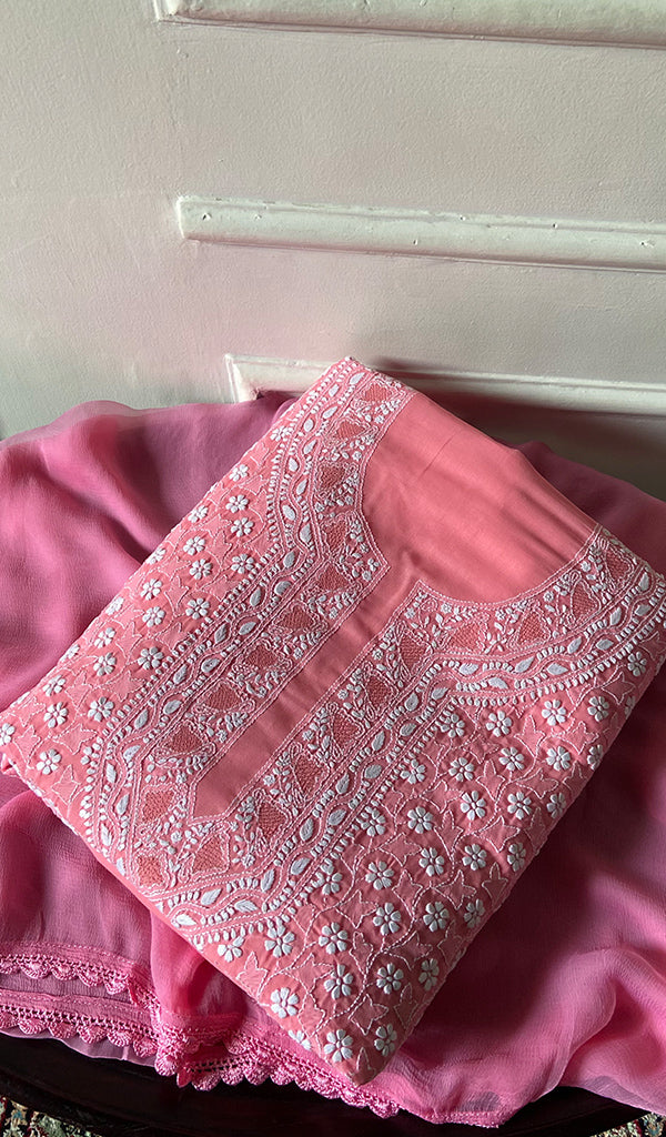 Women's Lakhnavi Handcrafted Unstitched Cotton Chikankari Suit Material - HONC0384049