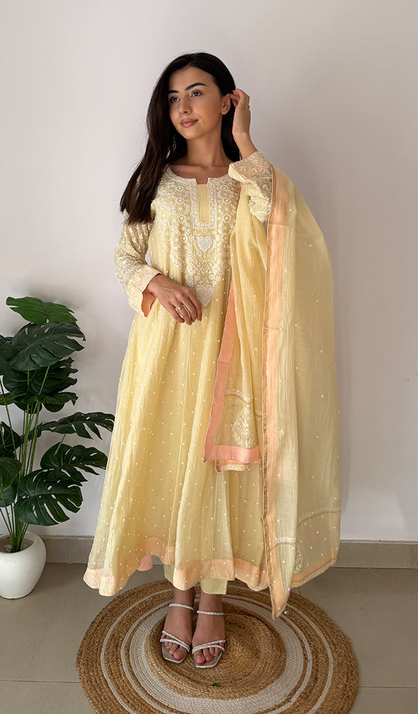 Women's Lucknowi Handcrafted Mul Chanderi Stitched Chikankari Anarkali , Dupatta With pant Set- HONC0328254