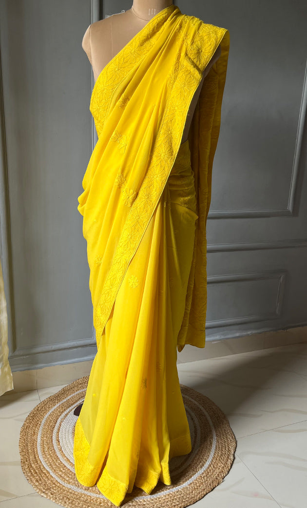 Women's Lakhnavi Handcrafted Viscose Georgette Chikankari Saree - HONC0301795