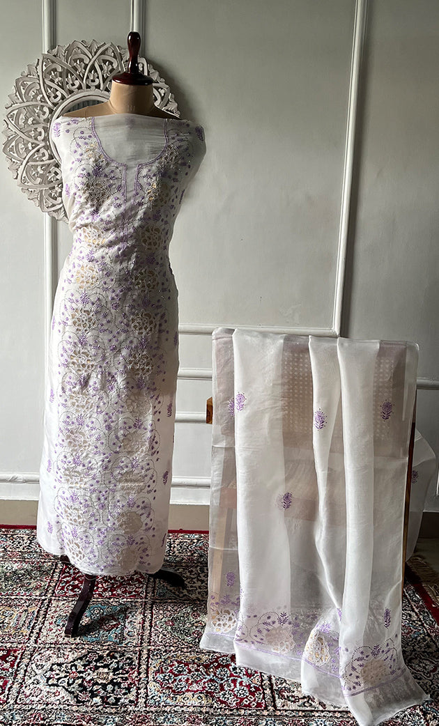 Women's Lakhnavi Handcrafted Pure Organza Chikankari Unstitched Kurta And Dupatta Set- HONC0336955