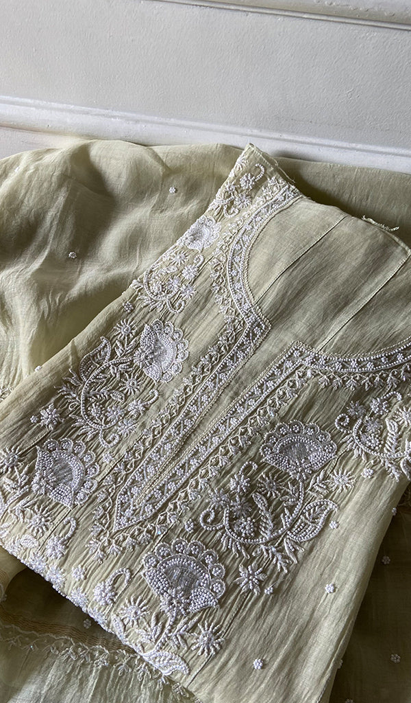 Women's Lucknowi Handcrafted Mul Chanderi Semi - stitched Chikankari Anarkali Full Set - HONC0355631