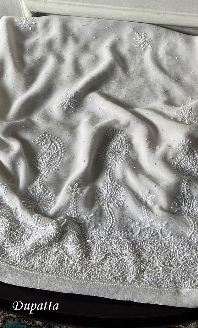 Women's Lakhnavi Handcrafted Pure Silk Georgette Chikankari  Unstitched Anarkali And Dupatta Set- HONC0321064