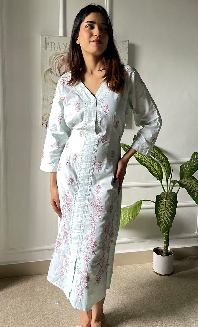 Insha Women's Lucknowi Handcrafted Cotton Chikankari Long Dress - HONC0303751