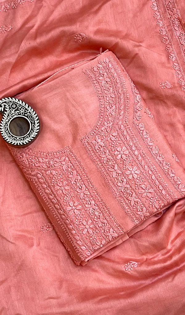 Women's Lakhnavi Handcrafted Chanderi Silk Chikankari Full Suit Material - NC073027
