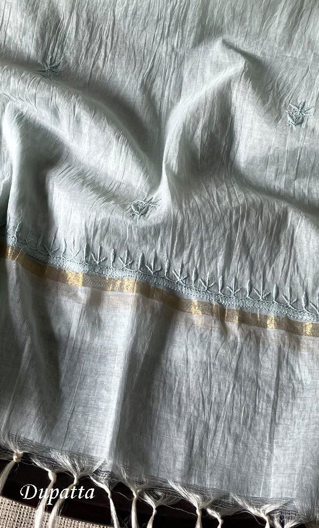 Women's Lakhnavi Handcrafted Mul Chanderi Unstitched Chikankari Full Suit Material - HONC0319538