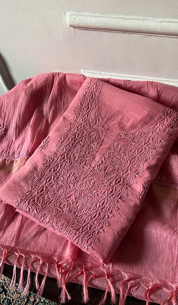 Women's Lakhnavi Handcrafted Mul Chanderi Unstitched Chikankari Full Suit Material - HONC0307425