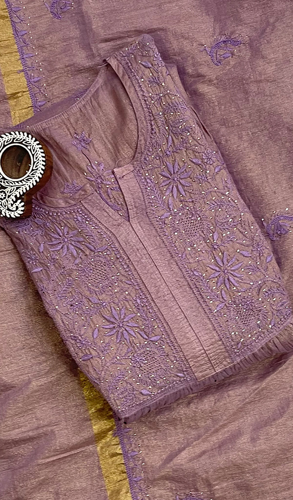 Women's Lakhnavi Handcrafted Tissue Chanderi Chikankari Semi Stitched Kurta And Dupatta Set- HONC059293