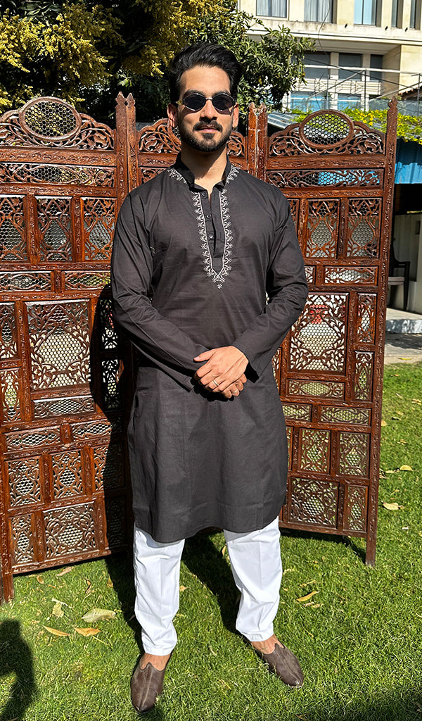 Men's Lucknowi Handcrafted Cotton Chikankari Kurta - HONC0341885