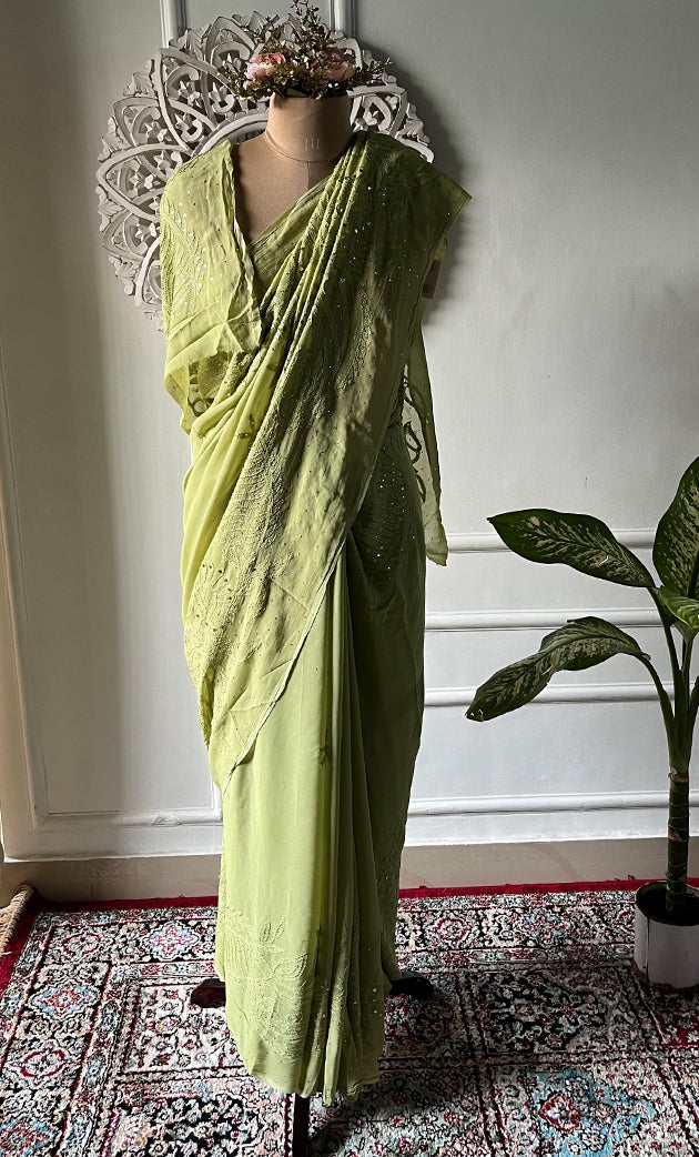 Women's Lakhnavi Handcrafted Viscose Georgette Chikankari Saree - HONC0317912