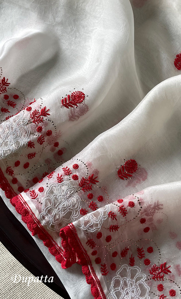 Women's Lakhnavi Handcrafted Pure Organza Chikankari Unstitched Kurta And Dupatta Set- HONC0320491