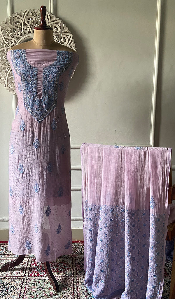 Women's Lakhnavi Handcrafted Mul Chanderi Unstitched Kurta And Dupatta Set - HONC0320354