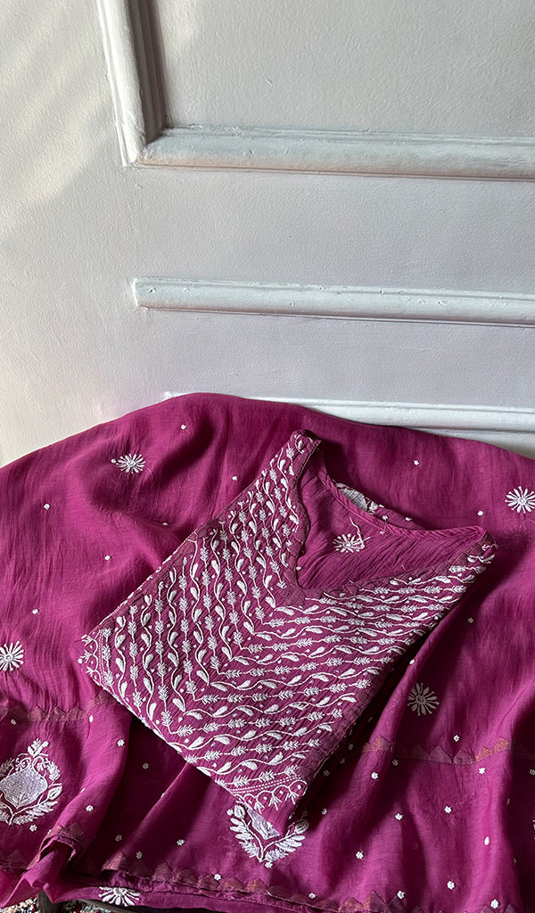 Aarushi Women's Lakhnavi Handcrafted Mul Chanderi Semi - stitched Chikankari Full Suit Material - HONC0360091