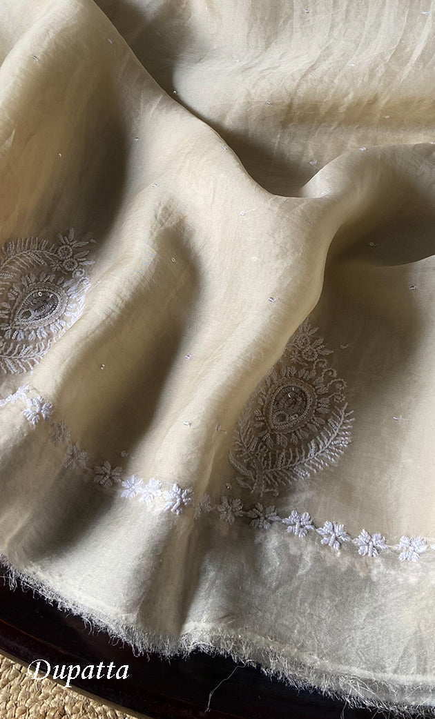 Women's Lakhnavi Handcrafted Pure Organza Chikankari Unstitched Kurta And Dupatta Set- HONC0304149